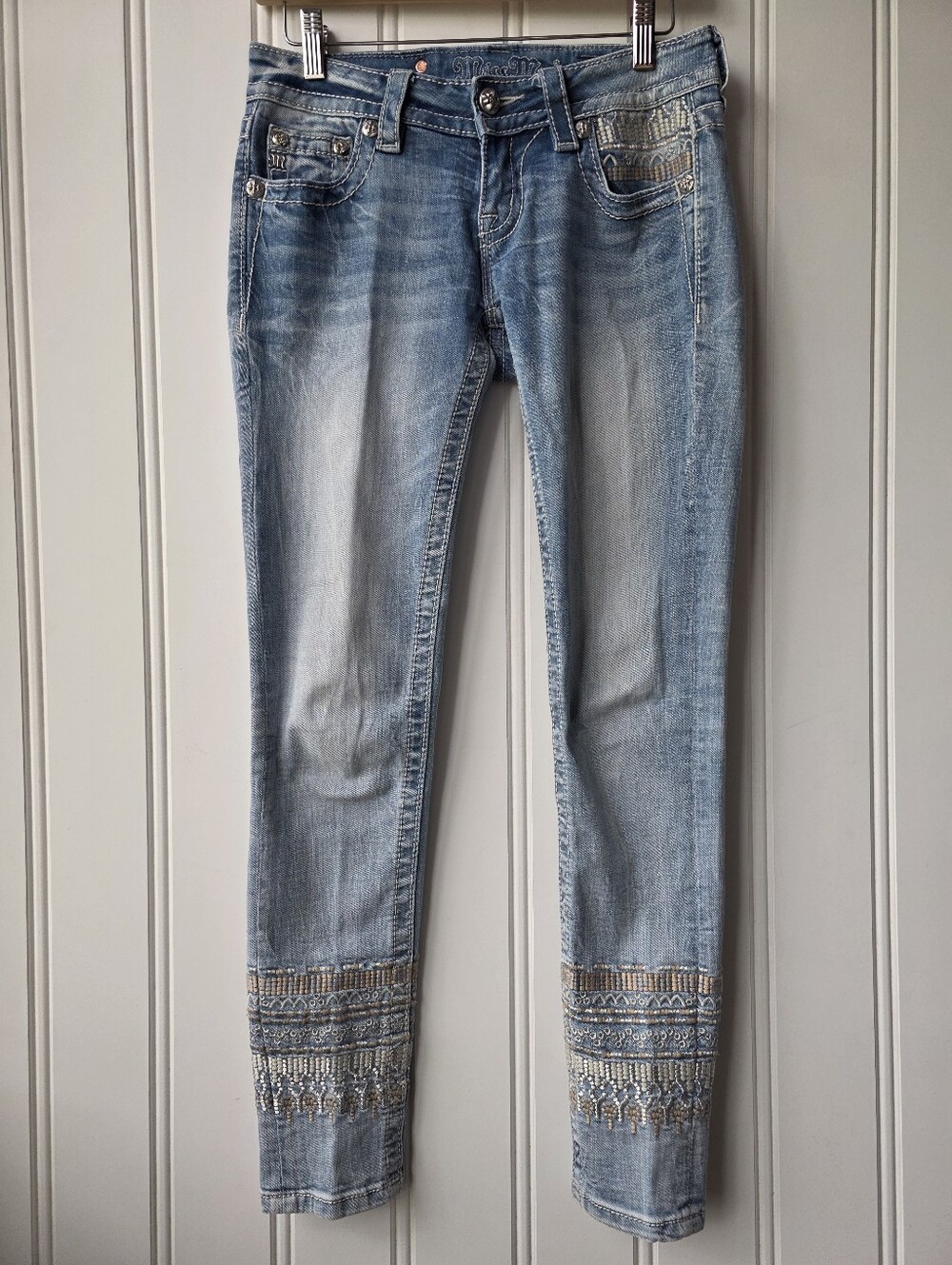 Miss Me Signature Cuffed Skinny Denim Jeans Light Wash Embroidered Size 25